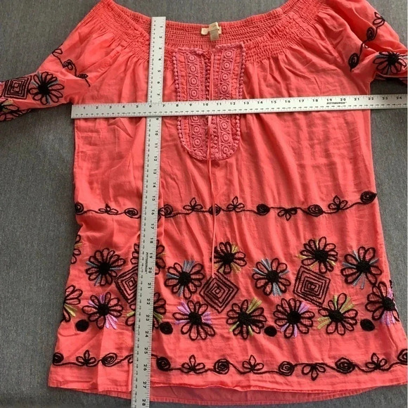 Kyra Off Shoulder Boho Tunic Coral Hand Embroidered Detail Cotton Top size Large - Picture 9 of 13